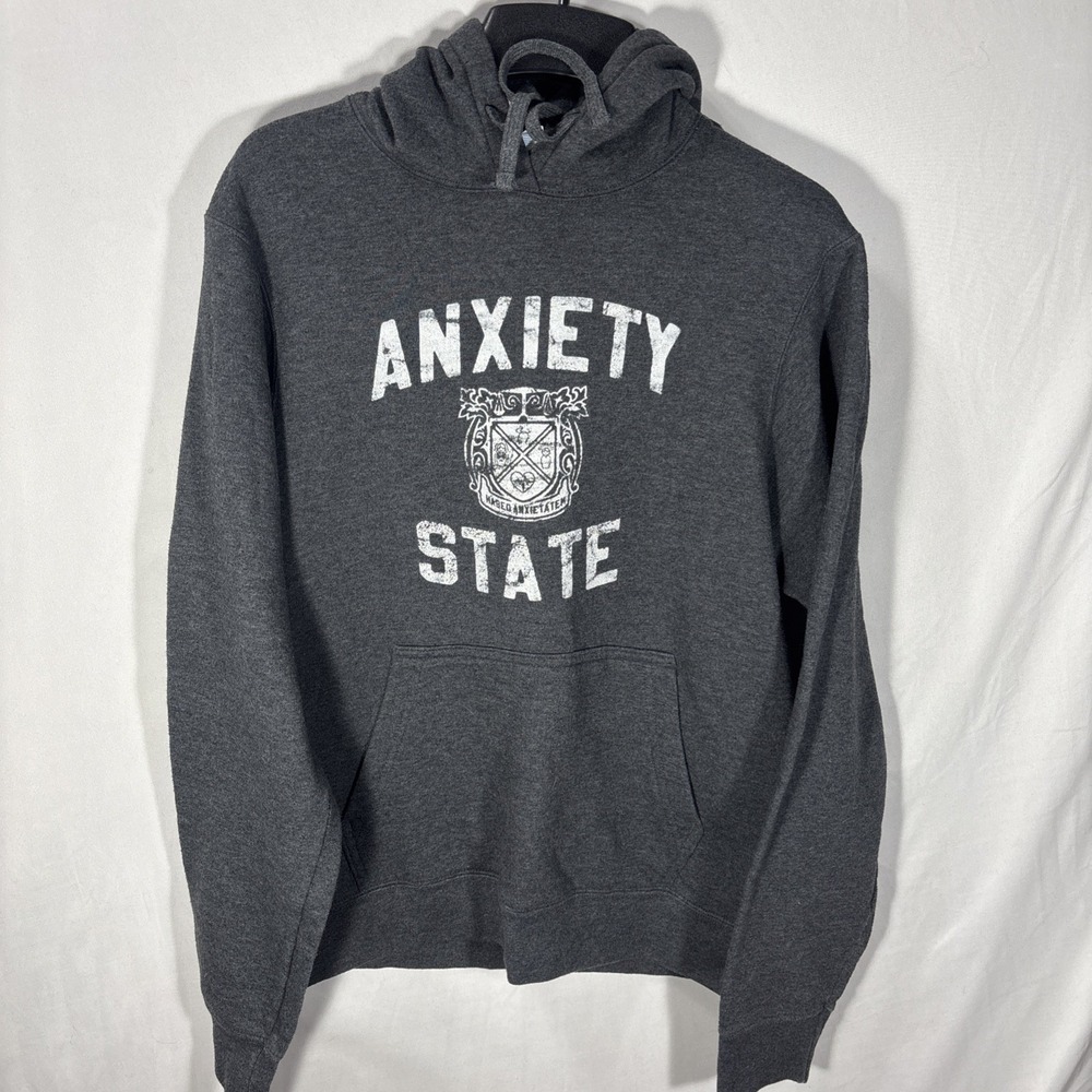 Port & Company Anxiety State Hoodie Grey Pullover Graphic Sweatshirt Mens Small